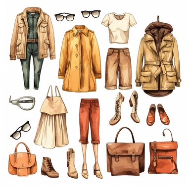 spring high-fashion luxury brand clothing collection items clipart, isolated on white background, hd