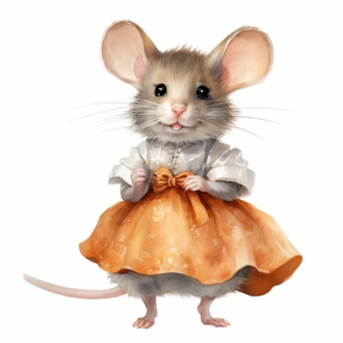 clipart vector image with plain white background of a watercolor painting of an orange mouse standing. Wearing a grey skirt. extremely detailed.
