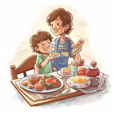 A hand-drawn clipart for Mother's Day on a white background, depicting a child serving their mother a surprise breakfast in bed. The mother's surprised and delighted face is the centerpiece, with the tray of colorful breakfast treats in sharp focus. The drawing style is charming and joyful, capturing the child's eagerness and the mother's appreciation, adding a personal touch to the Mother's Day celebration