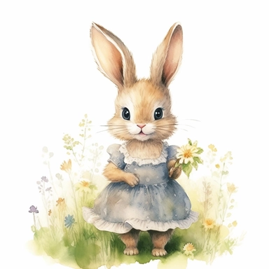 watercolour clipart illustration of cute shy modest baby bunny looking to the left wearing beautiful detailed cute big dress, standing in woodlands background on grass with flowers on white background, in the style of hyper-realistic animal illustrations, i can't believe how beautiful this is, childlike illustrations, close up, earthy tones