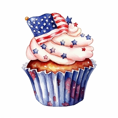 watercolor American flags cupcake, cartoon sticker, clipart, white background, hd, 32k