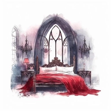 Gothic style bedroom with watercolor effect, suitable for digital clipart, white background, gothic scene, gothic colors, gothic tools, gothic roses, skull, dark scene