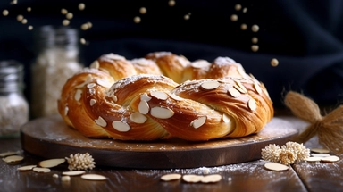 a beautifully braided white Swedish tea ring, adorned with pearl sugar and delicate almond flakes, Its softness is evident as you tear off a piece, releasing the irresistible aroma, Soft morning light dances on the table, enhancing the bread's intricate shape and highlighting its golden crust, Photo clipart, super detail, vignetting, shot with Nikon D3000,