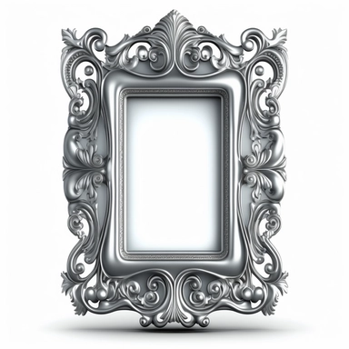 A single vintage silver frame clipart with a glossy, reflective finish and a rounded rectangular shape. The intricate details of the frame are highlighted by the shine of the silver, creating a modern and sleek look. The background is a soft gray with a subtle texture, adding depth and dimension to the design. [1], [2], [3], [4], photography, Close-up macro photography with a wide-angle lens, creating a shallow depth of field and emphasizing the intricate details of the frame. Shot on a Canon EO