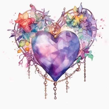 Light watercolor style, Fairycore clipart shimmery, a glittery heart necklace, dreamy aesthetic, pinks, purples, golds, greens, intricate, single object, print on demand image, PNG transparent background, white background for removing background - - no text shadow font watermark, 8k