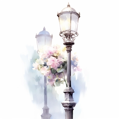 Victorian gas streetlamp clipart, soft pastel colors, soft pastel flowers, in the style of realistic watercolors, feminine sensibilities, detailed illustrations, made of all of the above, in style of Willem Haenraets, clean background, white background, on a white background, no watermark