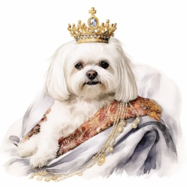 A portrait of a Maltese dog in a regal pose, wearing a jeweled collar and resting on a velvet cushion, showcasing its royal demeanor, with a white background and watercolor clipart.