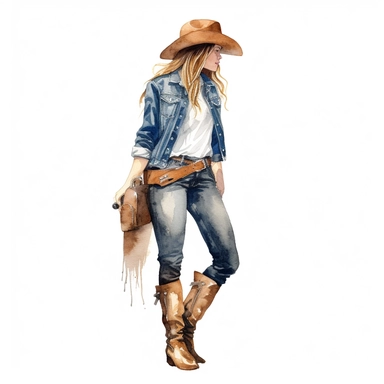 clipart, watercolor, women standing one hand on hip, looking straight at camera , hair braided over one shoulder, she is wearing blue jeans with brown motorcycle leather chaps, cowgirl hat and boots, white background