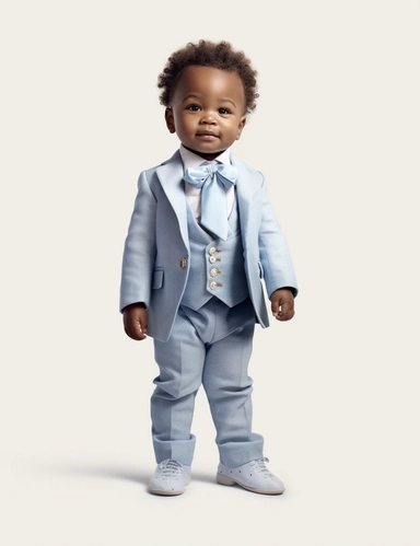 hasselblad 24 mm full body shot of a gorgeous african american baby boy very well dressed with Blue Eyes, clipart, Composition: Relaxed position with intricate high hairstyle, smiling, Style: Rococo, white background, hyperrealism, 32k