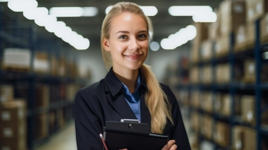 a woman dressed in uniform, in a warehouse holding a clipboard, in a very bright room, a portrait, shutterstock, blonde women, uhq, group photo, industries, proffesional, smiley, candid picture, close angle, cute woman, unknown artist, professional portrait istockphoto, group photo, maintenance photo, cute photo high quality, high detailled, website, ultrarealistic, wallpaper,