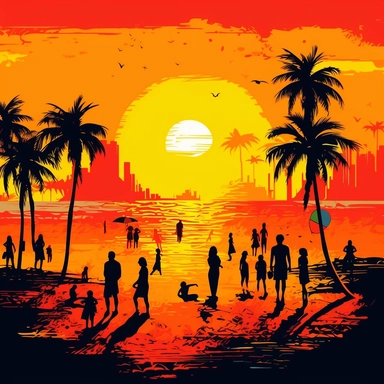 Summer beach sunset painting, bold clipart style. Show silhouettes of palm trees, beach-goers, children building sandcastles, frisbee games. Use vibrant hues for the sunset, the beach scene outlined with expressive, thick lines, filled with stippling and hatching details