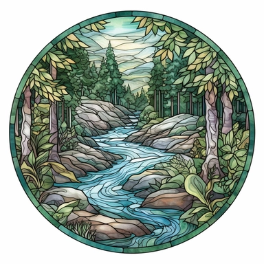 A captivating stained glass illustration, showcasing a serene nature scene with a crystal-clear river gently flowing through a lush forest, on a solid white background. This clipart features a harmonious blend of vibrant greens, blues, and earthy tones to depict the foliage, water, and earth, along with delicate patterns that mimic the textures of leaves, branches, and stones. The design evokes a sense of tranquility, and the interplay of light and color highlights the beauty and balance of the 