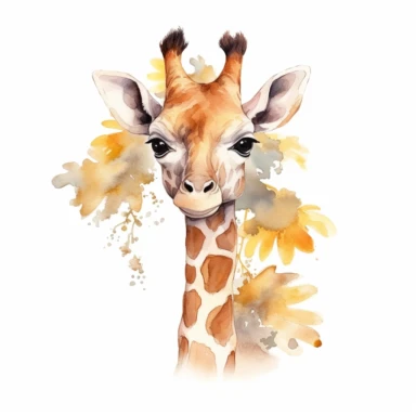 cute giraffe calf, stretching its neck to reach the tender leaves, a symbol of adaptability, warm pastel colors, clipart, on a white background