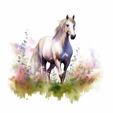 detailed watercolor clipart, photography style, beautiful horse, in a meadow, full body, spring floral,self shadow, white background