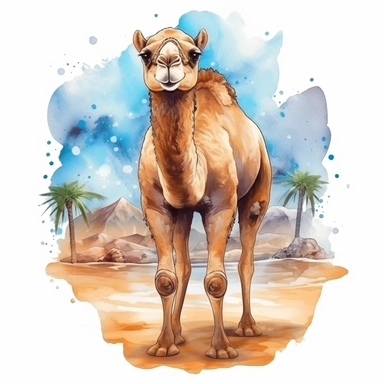 Cute camel in desert sublimation, summer time, watercolor, clipart, illustration, digital art, for tshirt, simple design, clean, highly detailed, 8k, white background