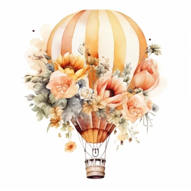 llustrate a whimsical watercolor clipart of a cream-colored hot air balloon on a white background. Adorn the balloon with a beautiful surrounding of cream-color flowers