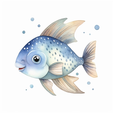 watercolor fish, baby fish clipart, in the style of light indigo and beige, elsa beskow, animated gifs, kinuko y. craft, animal figurines, dotted, mural painting