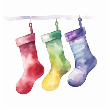 watercolor style, colorful hanging Christmass socks over the fireplace, clipart,On White Backgroud