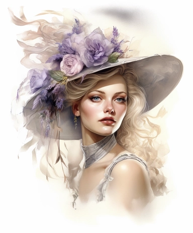 light watercolor masterpiece portrait of a beautiful and feminine woman in royal hat tailed with ribbons, decorated with lavender and leaves and jewelry, lace and chiffon, a lot of lavender in style of Pierre-Joseph Redoute , provence, masterpiece by Vladimir Kush style and by Nicholas Hely Hutchinson style and by Andrew Wyeth style, rococo fashion, PNG clipart, isolated on white, extreme photorealistic details, 32k HD resolution, realistic high detailization high resolution