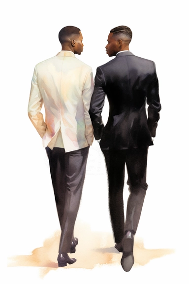 watercolor portrait illustration of dark-skinned groom with dark-skinned best man clipart, close up view of the back, in style of Michiel van Huysum, subtle faded color variations, hyper-detailed hd watercolor clipart, on white background, spaced out