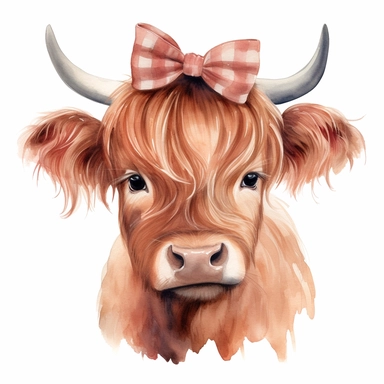 cute watercolor illustration of fullbody girl highland cow wearing hair bow on head clipart on white background