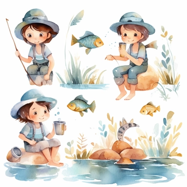 Watercolor boho fishing near a beautiful stream, illustrations clipart set, simple, soft colors, cartoon elements, different variants, cute little boy and girl fishing, separate elements with a margin