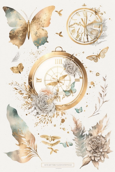 Weathered watercolor pastel clipart, soft light, white background with old page damaged by time, embossed compass, love, white beige gold rose petals, white gold butterfly, gold embossed details