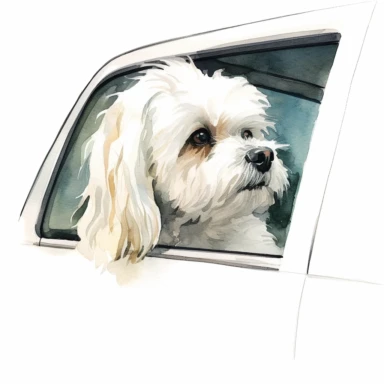 close up high detailed, Hand drawn watercolor clipart of Maltese looking outside a moving car window, on a pure white background for background removal, no shadow, no paint splash