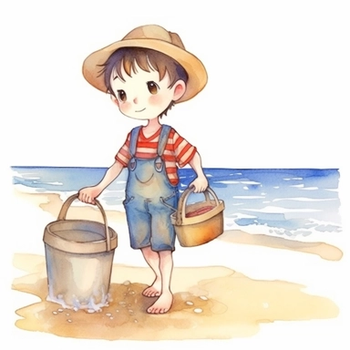 Watercolor clipart, of a cute and happy boy on the beach and the sea, in the scene the boy carries a bucket with water held by the handle, he walks inside the water, the boy's clothes are very colorful, the boho cartoon style scene, detailed design, perfection in shapes, white background,