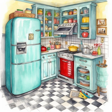 watercolor, hyper realistic, white background, white margins, 16k, ultra detailed clipart, cut out image, hand-drawn a vintage kitchen with a colorful vintage fridge, a checkerboard floor, and a collection of vintage cookbooks. The color theme could be bright and bold colors like turquoise, red, and yellow.