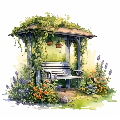 Highly detailed watercolor clipart, Garden bench nestled in a peaceful corner, flowers, fantasy, highly detailed, fantasy cartoon illustration, greenery, whimsical, UHD, 8K, 3D, solid white background