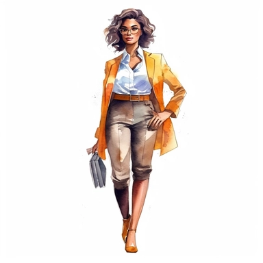 watercolor style, african american lady boss in fashion chic clothes, perfect look, classic colors, expressing self-confidence and empowerment. clipart, isolated on white background, hd