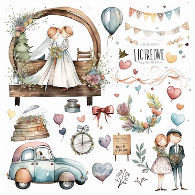wedding rings tied with a ribbon , cute wedding illustrations clipart set, ILLUSTRATIONS FOR THE BOOK, cartoon elements, different variants, girl with long hair in a wedding veil, wedding, husband and wife Love , Hearts balloons , veil, garland, wooden elements, newlyweds are sitting on a wooden bench , on the wedding beautiful car, white transparent background separate elements with a margin Watercolor