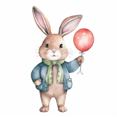 adorable bunny holding balloons, handpaint watercolor, high resolution, cartoon style, watercolor clipart,