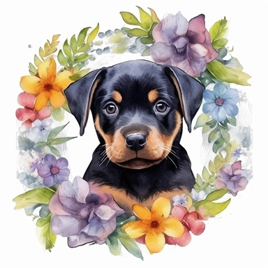 watercolor realistic rottweiler puppy clipart in a floral frame with transparent background