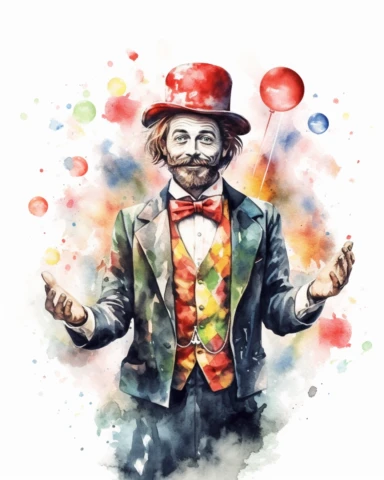 commercial shot of realistic watercolor circus magician clipart, amazing, 8k, sublimation, high quality watercolor style clipart, intricate design, clipart festival, white background no text, isolated on white, ghibli style, award winning,