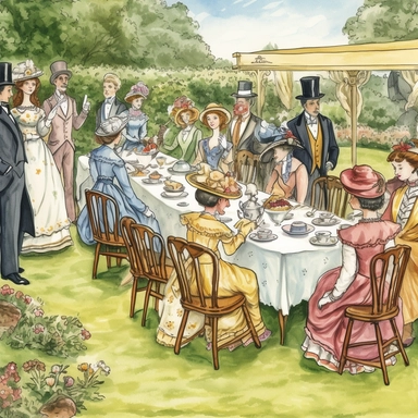 watercolor style, old cartoon drawing style, a beautiful British tea party outside on a long wooden table with chairs with teacups in saucers, serving plates, finger foods on platters on tiers, women in fancy Victorian dresses, men in fancy suits, ties, and fabulous hats, playing croquet on the lawn, clipart, digital art, illustration