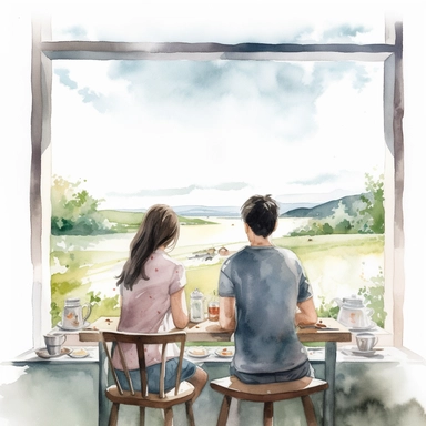 watercolor, hyper realistic, white background with margins, 8k, ultra detailed clipart people enjoying breakfast together, such as a couple, a family, or friends., by the window, countryside view