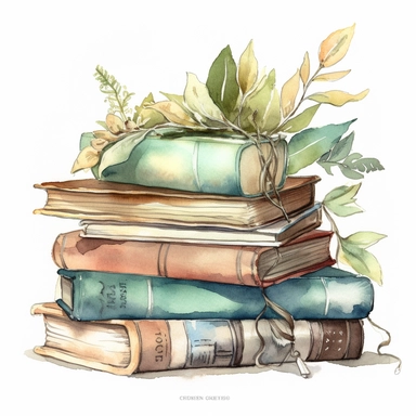 Generate a watercolor vintage nature style stack of books clipart on a pure white background that is rustic and charming. Utilize a color palette that consists of muted greens, browns, and blues to create a vintage look. Use rough watercolor textures to add a sense of rusticity to the image. Consider adding details such as a quill pen or a pair of glasses to make the image look more vintage and academic. Use strong shadows and lighting to create a sense of depth and contrast.