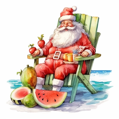 cute Santa Claus sitting on a beach chair and eating watermelon, style by Lucy Fleming, watercolor, smooth gradients, black contour outline, ultra detailed, clipart elements, delicate pastel colors, solid white background, super clear, high quality