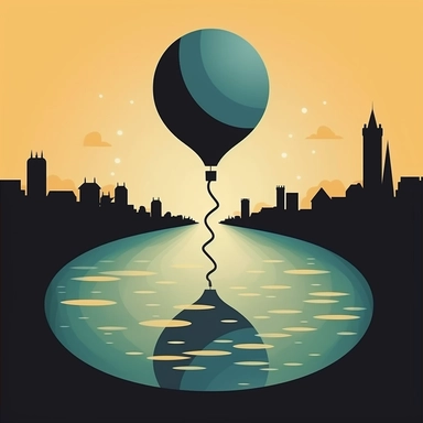 disposable balloon with string, thin winding river and crescent moon in the background, clipart, flowing silhouettes, wandering eye, nightscapes, simple designs, flat perspective, minimalist logo