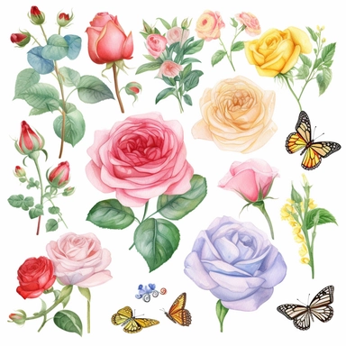 Draw a set of whimsical-style, watercolor-style clip art images that feature various types of roses in different colors and stages of blooming and garden-related objects, Watercolor rose Garden Clipart, the setting must be floral wonderland with feminine spring-colored clipart, Perfect for mothers Day. roses in wall hanging, garden furniture, birds, butterflies and bees around roses, roses in flower pots, roses in flower boxes, roses growing in watering cans, garden benches, water fountain surro