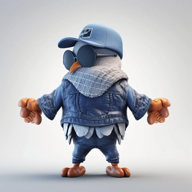 please create pixar style character clipart of an owl dressed like a rapper, back view with arms flexing, head front view