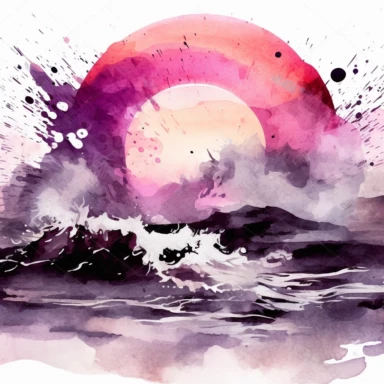 Futuristic Grey Black Purple Watercolor Paintsplash Beach Ocean Retro Sunset Clipart Colorful and white Background