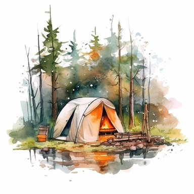 camping scene in forest watercolor style clipart on white background with margins , no watermarks