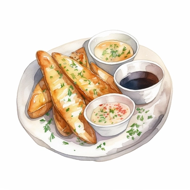 Watercolor detailed illustration ofPotato wedges served with dipping sauce on a plate, clipart, white background