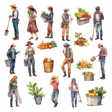 watercolor, different people enjoy gardening and planting Men and women with fresh vegetables and fruits isolated on white. Farmers and gardeners doing jobs or agricultural hobby png Full body realistic cartoon in 32K UHD cute. 15 cm thick outline. Black color. There was no shadow on the ground. 8k with realistic watercolors and detailed illustrations. PNG clipart, transparent white background