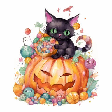 hand drawn large Halloween pumpkin, pumpkin is filled with colorful wrapped candies, lollipops, and candy corn, inside the pumpkin is a cute little black kitten with big green eyes, scattered candy is laying flat around the pumpkin, Halloween colors, magic, fantasy, watercolor, clipart style, white background with margins