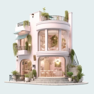 Lovely pink French cafe with a vintage - inspired charm. The exterior is adorned with pink floral accents and classic French signage. Inside, the cafe offers a cozy and nostalgic ambiance. Clipart, solid white background, Ultra - detailed, hyper - realistic, intricate detail