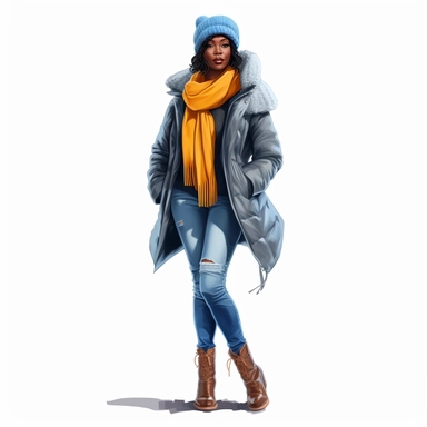 Hyperrealistic beautiful full figure black beauty lady, winter clothes fall attire, cute and colorful, clipart, hd, white background
